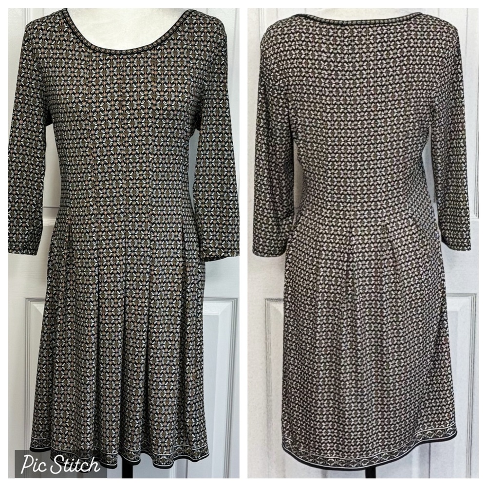 Max Studio Black Multi Print 3/4 Sleeve Pleated Mini Dress Medium